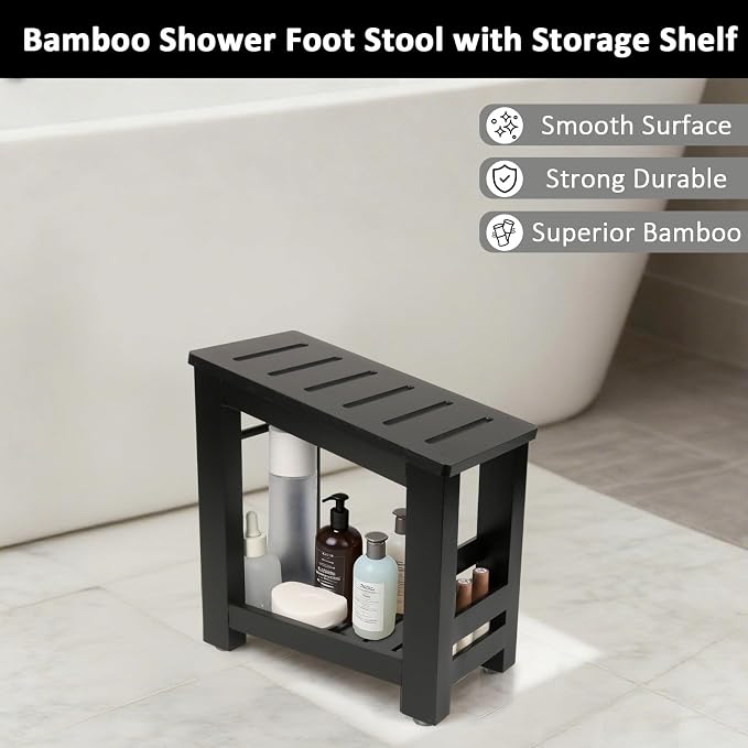 Bamboo Shower Foot Rest Stool for Shaving Legs & Pedicure, Non-Slip Bathroom Foot Step with Storage Pocket, Solid & Water-Resistant,Natural (Black)