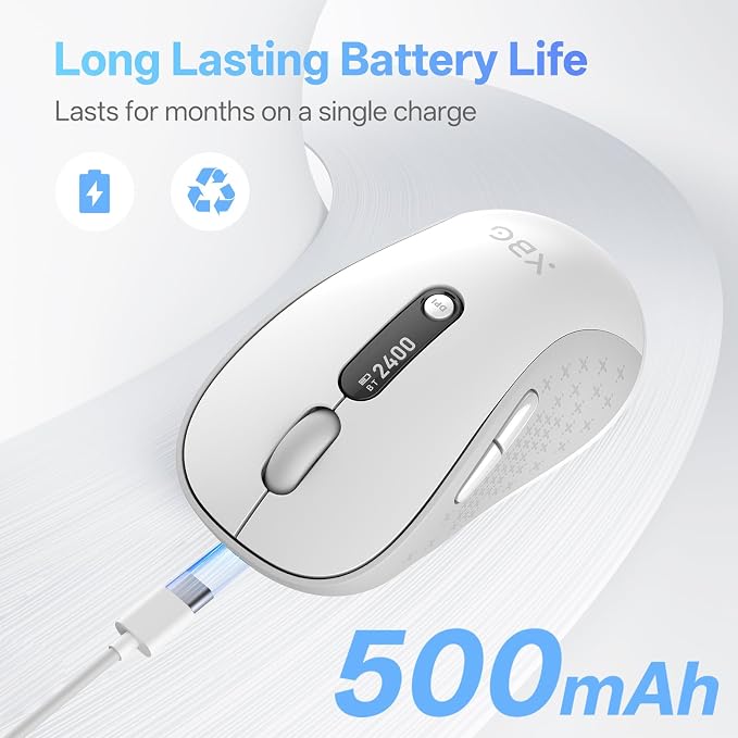 XBG B15pro Wireless Bluetooth Mouse, Bluetooth 5.0/4.0 & 2.4G Tri-Mode, Type-C Rechargeable with LED Screen Display, Ergonomic Silent Click for Laptop/PC/Tablet, Multi-Device & Office Use-White