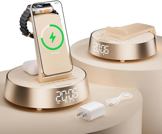 6 in 1 Wireless Charging Station with Alarm Clock, Bluetooth Speaker, FM Radio, Night Light for Bedroom Office, Wireless Charger Dock Station for iPhone 17 16 15 14 13 12 Pro Max,Apple Watch, AirPods