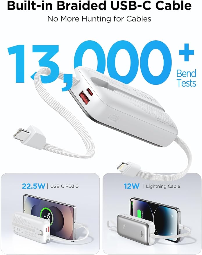Portable Charger, Power Bank Fast Charging 10000mAh Battery Pack Charger Portable with Built in Cables Travel Essential Portable Power Bank for iPhone 17 16 15 14 13 Samsung Galaxy S24 S23(1Pack)