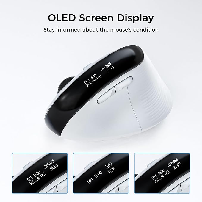 Wireless Ergonomic Mouse with Screen，Bluetooth Vertical Mouse Rechargeable, Quiet Clicks, USB Ergo Design Cordless Mice Compatible for Windows, PC, Laptop, Mac OS, White