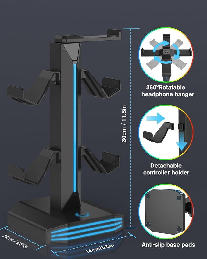 FINTIE RGB Headphone Stand, Gaming Controller Holder for Desk with 9 Lighting Modes, USB/Type-C Charging Ports, Headset Stand Earphone Hanger Accessories for Desktop