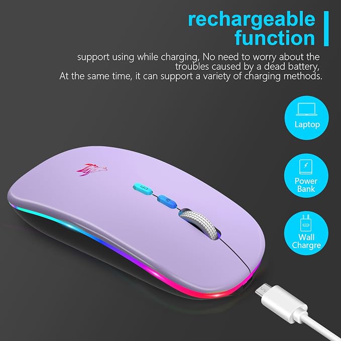 HOTLIFE Wireless Bluetooth Mouse, Slim Rechargeable LED Mouse, 2.4G Portable USB Optical Mouse with USB Receiver and Type C Adapter, Light Purple