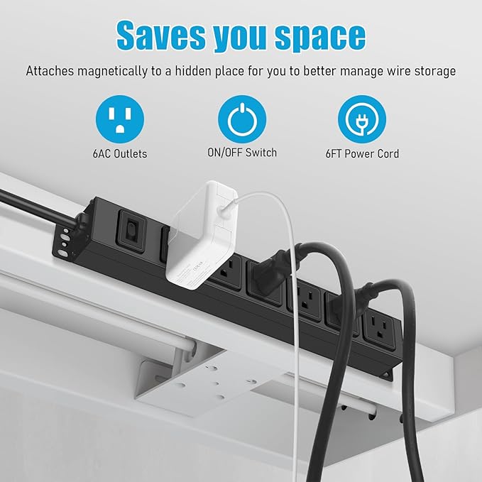 HHSOET Wall Mount Magnetic Power Strip, Under Desk 6 Outlet Mountable Socket, Metal Long Heavy Duty Surge Protector for Garage, Shop, Gaming Table Or Workspace, 6FT Extension Cord