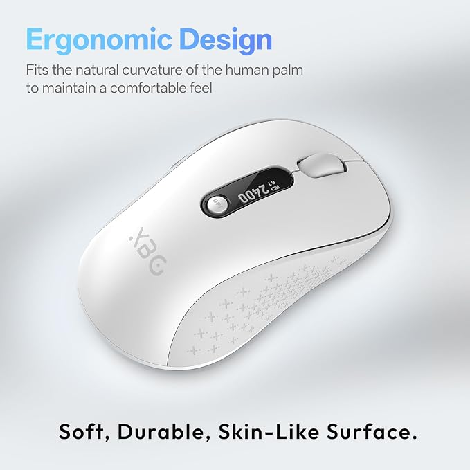 XBG B15pro Wireless Bluetooth Mouse, Bluetooth 5.0/4.0 & 2.4G Tri-Mode, Type-C Rechargeable with LED Screen Display, Ergonomic Silent Click for Laptop/PC/Tablet, Multi-Device & Office Use-White