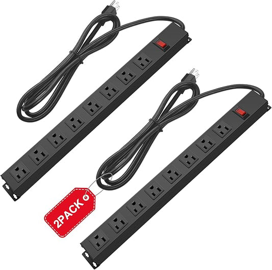 2Pack Metal 8 Outlet Mountable Power Strip, Wall Mount Outlet Heavy Duty, Wide Spaced Commercial Shop Power Strip with Switch, 4 FT SJT 14AWG Power Cord.