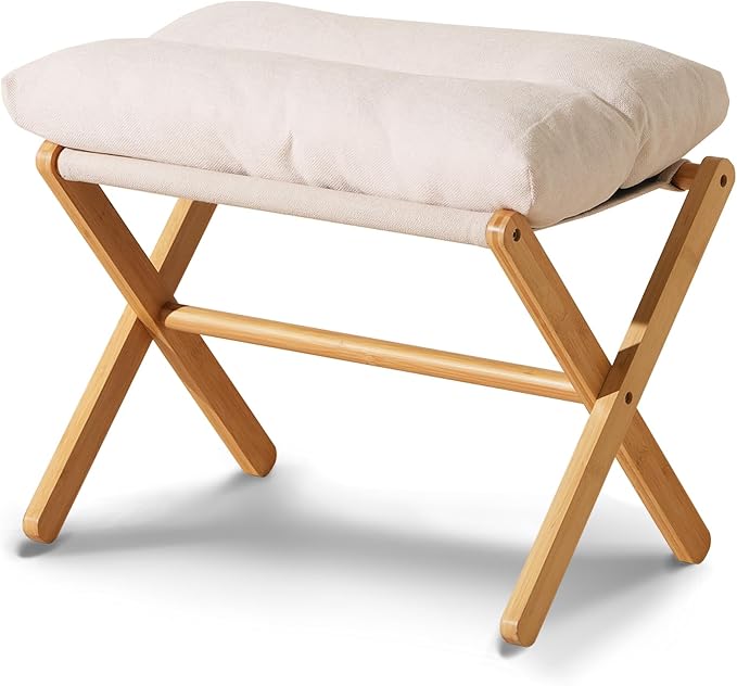 Baveke Ottoman Foot Rest- Bamboo Foldable Stool, Foot Stools Small Ottman with Upholstered & X Legs, Folding Stool for Makeup, Bedroom and Living Room (Large Beige)