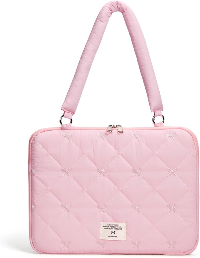 Cute Bow Laptop Case Coquette 13-15 Inch Puffy Laptop Sleeve Accessories Aesthetic Quilted Computer Bag for MacBook (Pink, 13-14inch)