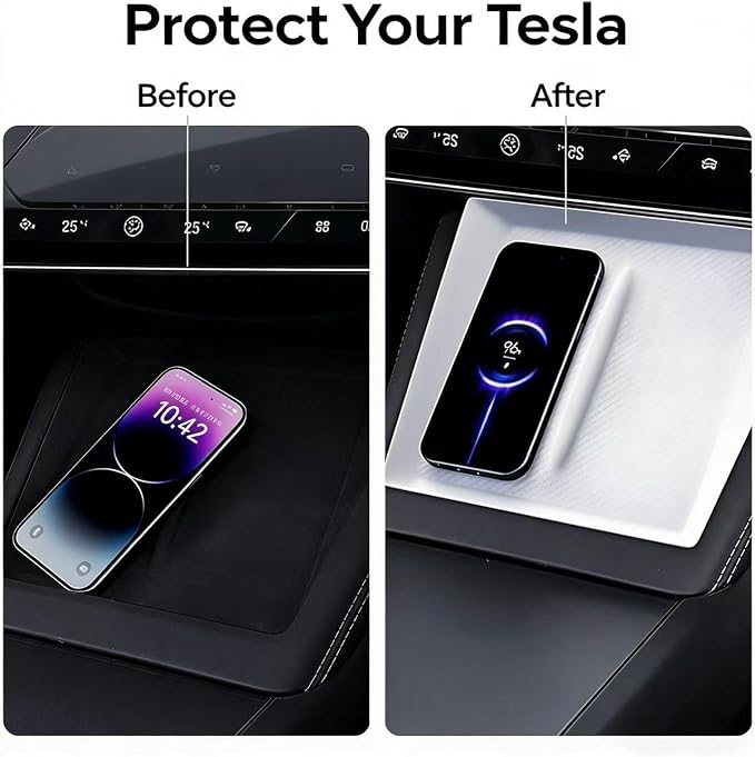 Center Console Wireless Charging Silicone Mat for Tesla Model 3 (Highland 2024-2025) & for 2025-2026 Tesla Model Y Juniper, Ultra-Thin Phone Non-Slip Pad, Interior Protective Cover Accessories - White