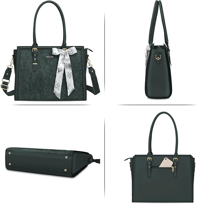 MOSISO Laptop Bag for Women, 17-17.3 inch PU Leather Tote Bag Compatible with MacBook, HP, Dell, Asus Notebook, Front Embossed Retro Hibiscus Computer Bags with Silk Scarf&Clutch Purse, Emerald Green