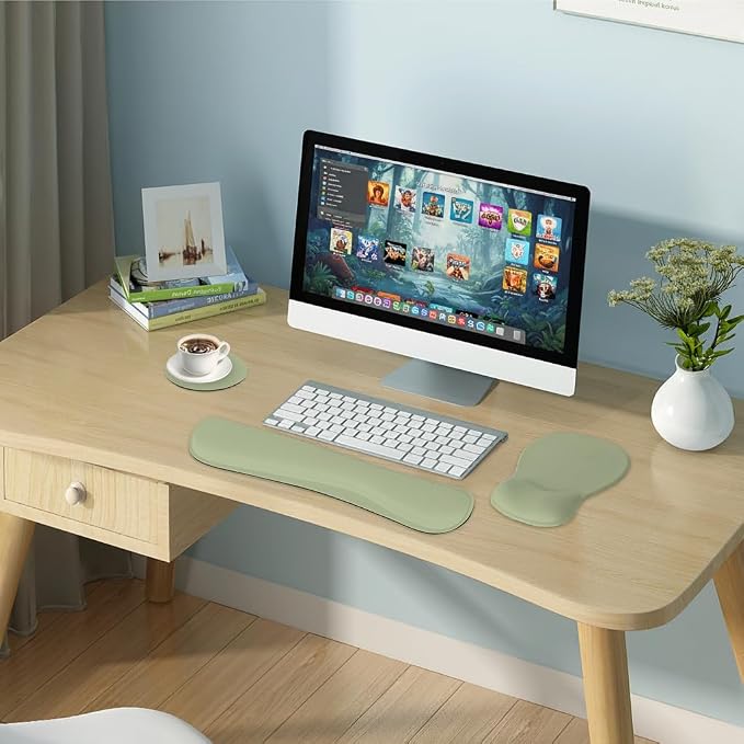 RICHEN Wrist Rest Support for Mouse Pad&Keyboard Set with Coaster,Concave Curved Memory Foam, Non-Slip Base Pain Relief Comfortable Easy Typing Pad for Home/Office (Sage Green)