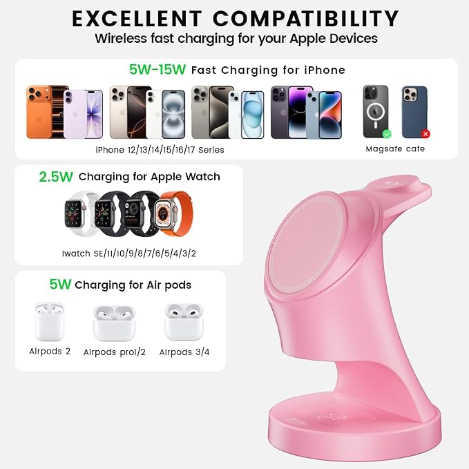 3 in 1 Wireless Charging Station for Apple Devices,Magsafe Charger for IPhone17 16 15 14 13 12 Pro/Max/Plus/Mini Wireless Charger Station for AirPods 2/3/4/Pro iWatch Ultra11/10/9/8/7/SE/6/5/4/3/2