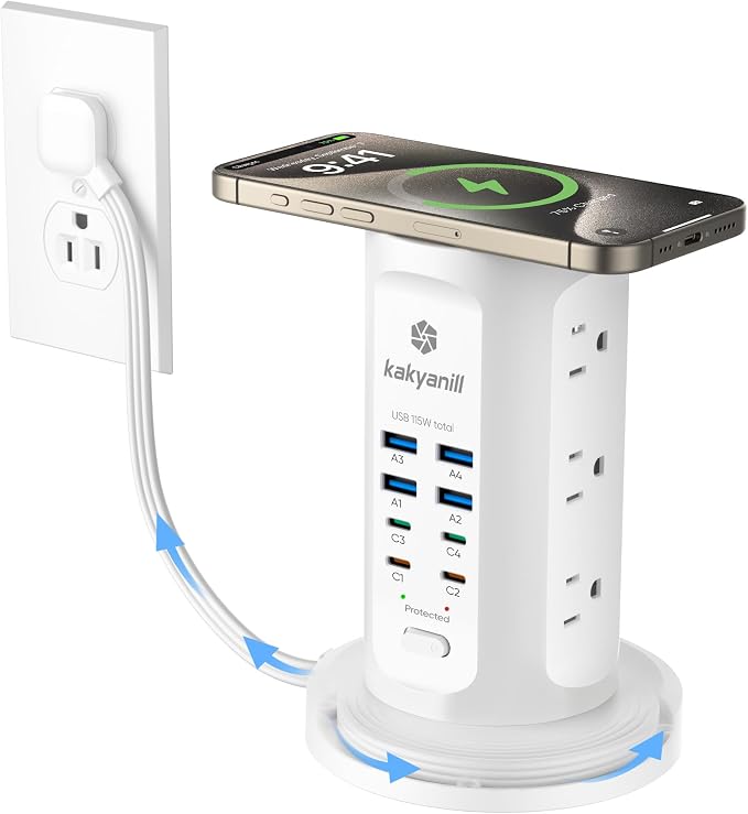 Power Strip Tower, PD 65W USB Charging Tower, kakyanill Surge Protector Tower 9 AC Outlets 8 USB (4 USB C), 6 Ft Retractable Extension Cord, Charging Station for Office Dorm Room, White