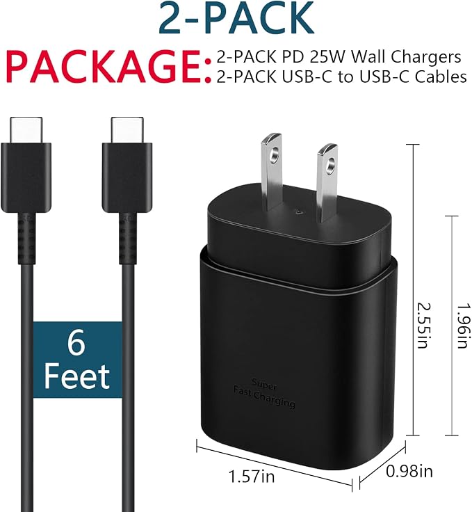 AISNI USB C Charger, 2 Pack 25W Type C Charger Fast Charging with USBC Chargers Cable 6 FT Android Phone Charge for Galaxy S25/ /S24/S23+/S22/S21/S20/Phone 17 16 15 Pro Max 16 15 Plus-Black