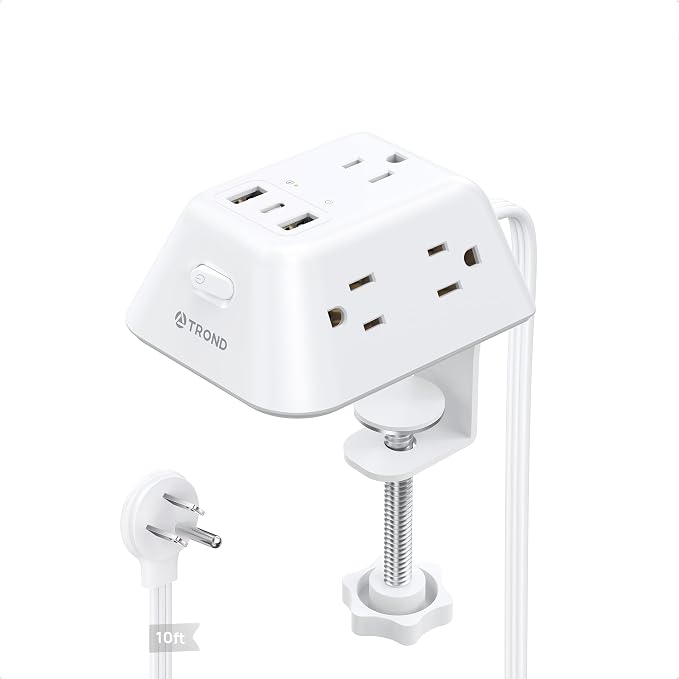 Desk Clamp Power Strip, Surge Protector with 5 AC Outlets and 3 USB Ports, Desk Mount Charging Station, Fit 1.97in Tabletop Edge Thick, 10FT Extension Cord, for Home Office Gaming Accessories, White