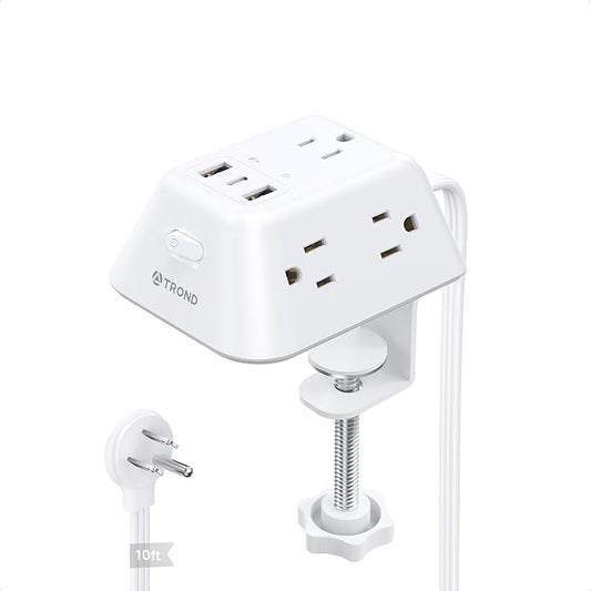 Desk Clamp Power Strip, Surge Protector with 5 AC Outlets and 3 USB Ports, Desk Mount Charging Station, Fit 1.97in Tabletop Edge Thick, 10FT Extension Cord, for Home Office Gaming Accessories, White