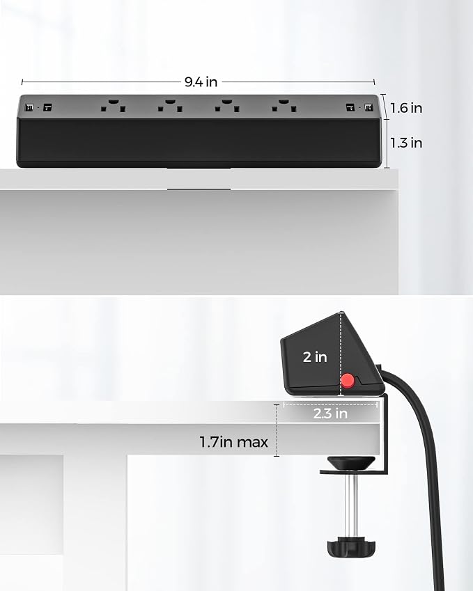 Desk Clamp Surge Protector, 10 FT Extension Cord, Fast Charging Station with 4 AC Outlets 2 USB-A and 2 USB-C Ports, Fit 1.7 inch Tabletop Edge, Desk Power Strip for Home Office Room