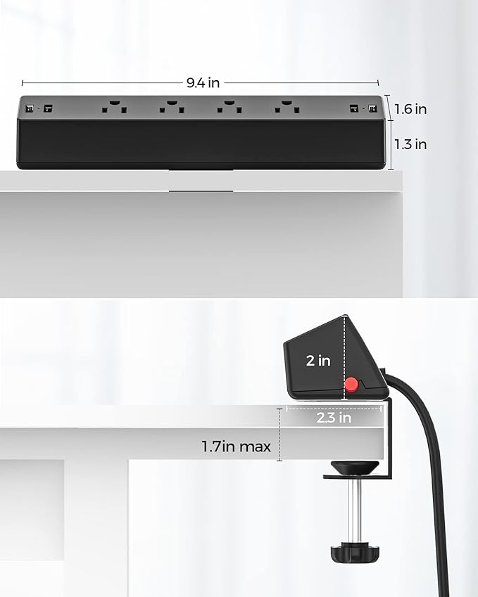 Desk Clamp Power Strip, Flat Plug Fast Charging Station, Desk Mount Surge Protector with PD 20W USB C Ports, Fit 1.7 inch Tabletop Edge Thick, Desktop Outlets for Home Office.