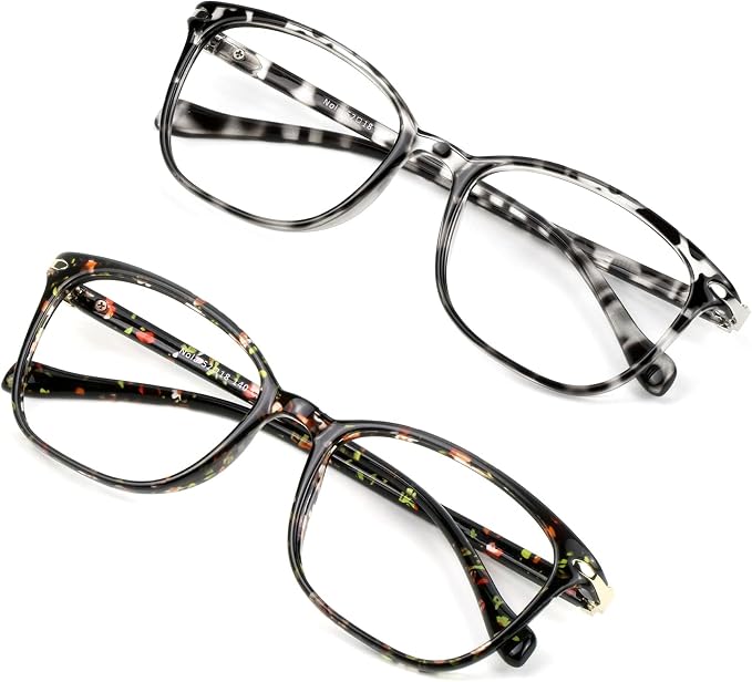 VisionGlobal 2 Pack Blue Light Blocking Glasses for Women Men, Stylish Square Frame(Leopard+Floral)