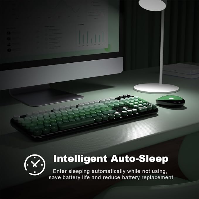 MOFII Wireless Keyboard and Mouse Combo, 2.4GHz Retro Typewriter Keyboard Full Size, Quiet Click Mouse, USB Receiver Plug and Play, for PC, Laptop, Desktop, Windows (Black Green Gradient)