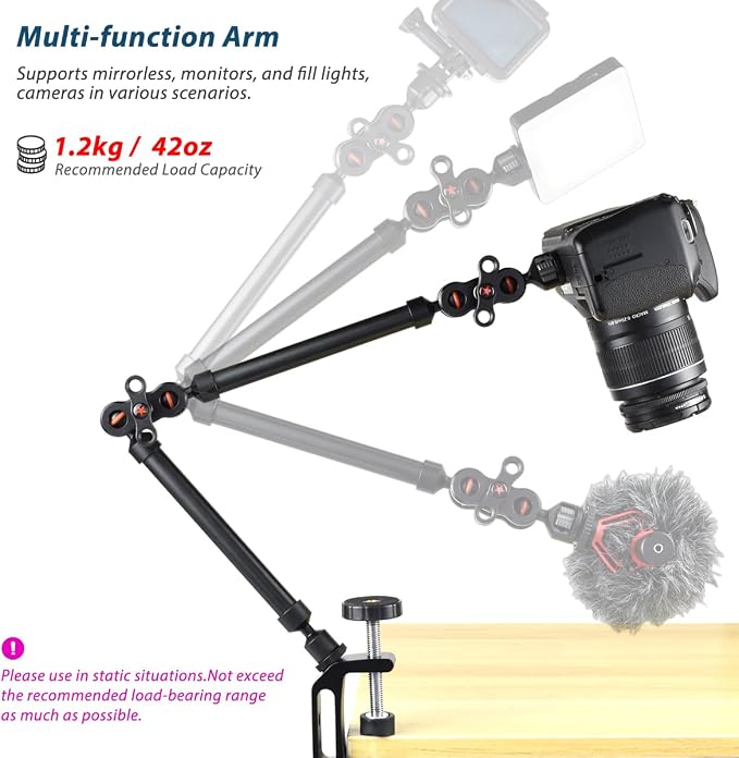 21"/53cm Adjustable Magic Arm with Super Clamp, Overhead Phone Mount, Heavy Duty Desk Camera Mount & Clamp,Flexible Joints Articulating Friction Arm for Light, Webcam, Mic, Action Camera