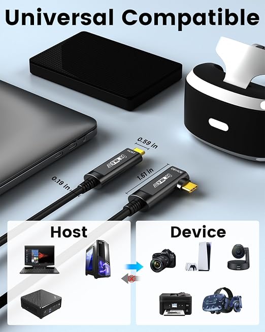 GeoHN.G USB C Fiber Optic Cable Right Angle 33FT, 10Gbps Active Optical USB 3.2 Gen2 Cable with German SiliconLine Chip, Long Distance for Machine Vision, Logitech 4K Camera, VR/AR, Video Conference