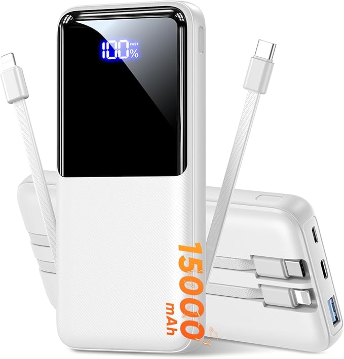 Portable Charger Power Bank - 50% Larger Capacity 15000mAh Battery Pack with Built in Cable, 22.5W Fast Charging Travel Camping Essential Powerbank for iPhone 17 16 Pro iPad Samsung S26 Google etc