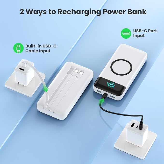 YHO Wireless Portable Charger 40800mAh for iPhone with Built-in Cables, 15W Wireless Charging USB C Power Bank,25W PD Fast Charging Travel Essential Battery Pack for iPhone 17/16/15,Android-White