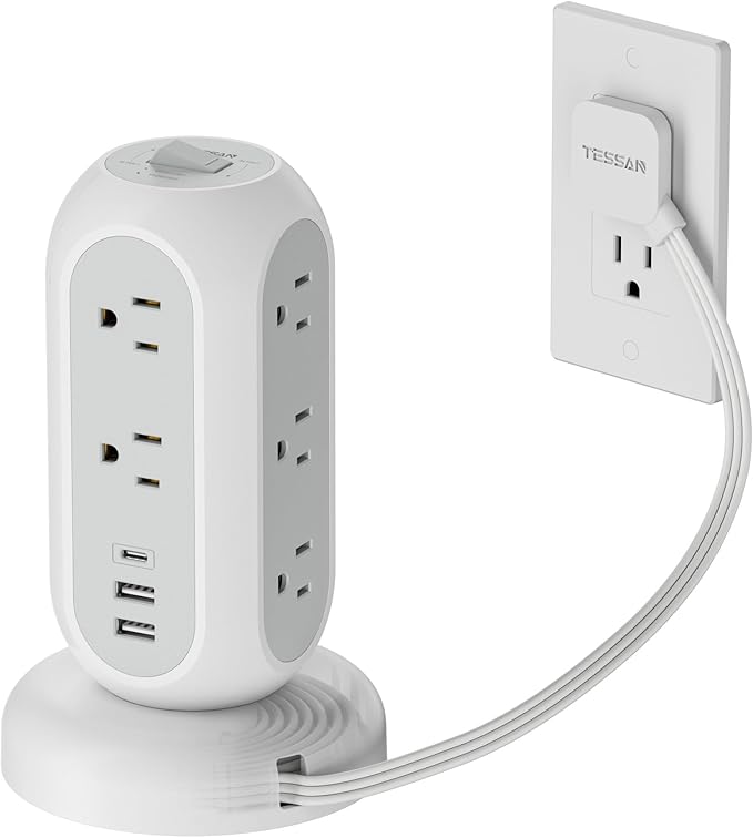 TESSAN Tower Power Strip Flat Plug with 11 Outlets 3 USB (1 USB C), Surge Protector Tower 1625W/13A,1050J Protection, 5 Ft Retractable Extension Cord with Multiple Outlets, Office Desk Supplies, Grey