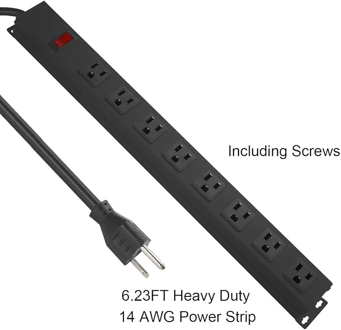3Pack Metal 8 Outlet Mountable Power Strip, Wall Mount Outlet Heavy Duty, Wide Spaced Commercial Shop Power Strip with Switch, 4 FT Power Cord.