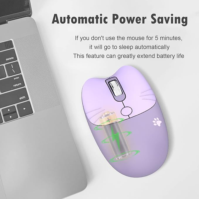 Lomiluskr Cute Cat Wireless Mouse, Lightweight Soundless Mice, 2.4G Wireless Mice, Candy Colors, Kawaii Mouse for Girls and Kids (Purple)