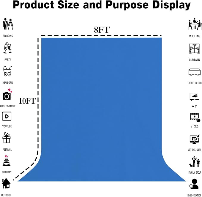 8x10FT Royal Blue Screen Backdrop for Photography, Solid Blue Photo Background Portrait for Party Portrait Photoshoots Booth Video Studio