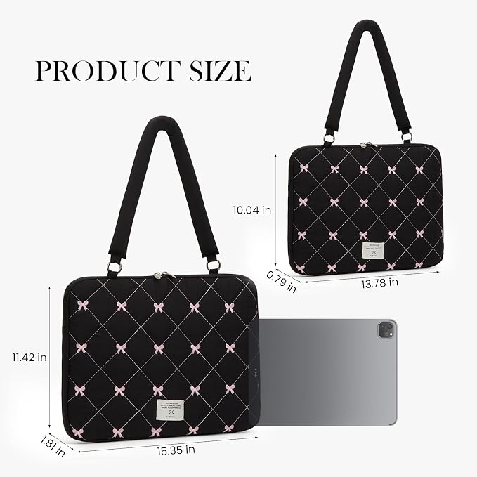 Cute Bow Laptop Case Coquette 13-15 Inch Puffy Laptop Sleeve Accessories Aesthetic Quilted Computer Bag for MacBook (Black, 13-14inch)