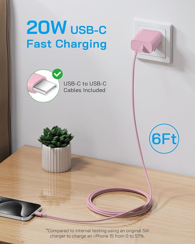 AISNI iPhone 17/16/15 Charger Fast Charging 3 Pack USBC Charger Block with 6 FT Type C Charger Fast Charging Cord Compatible with iPhone 17/17 Plus/17/16/15 Pro Max/16/16 Plus/15/iPad Pro-Pink
