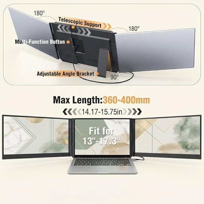 APILDELLA 15.6" Triple Laptop Screen Extender One Cable, 1080P FHD Portable Dual Monitor, Ultra-Slim Travel Monitor Extender for Triple Display on Mac/Windows, Fits 13"-17.3" Laptops（Driver Required）