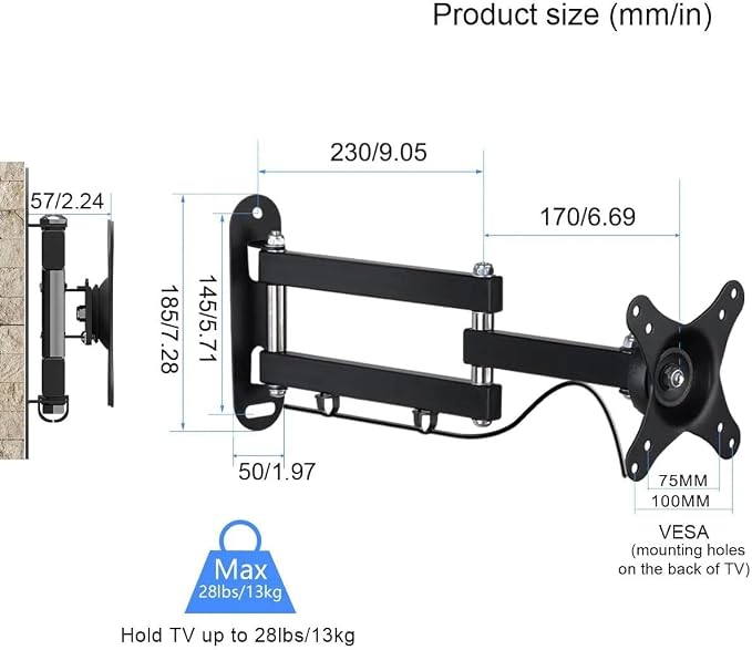 Suptek TV Wall Mount Swivel Tilt Rotation Full Motion Adjustable Articulating for Most 15-32 inch LED, LCD Monitor Wall Mount VESA 75,100 (MA2720)