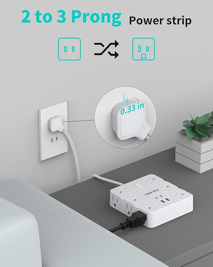 HOPOW 2 Prong Power Strip, 2 Prong to 3 Prong Outlet Adapter with 12 AC & 4 USB(2 USB-C), 1700J Two Prong Surge Protector, 5FT Extension Cord, Wall Mountable, Ideal for Old House Non-Grounded Outlets