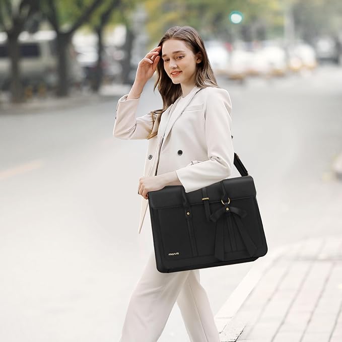MOSISO Laptop Bag for Women, 17 inch PU Leather Laptop Shoulder Bags Convertible Backpack, 17.3 inch Messenger Bags Casual Handbag Work Briefcase Travel Computer Bag with Bowknot, Black