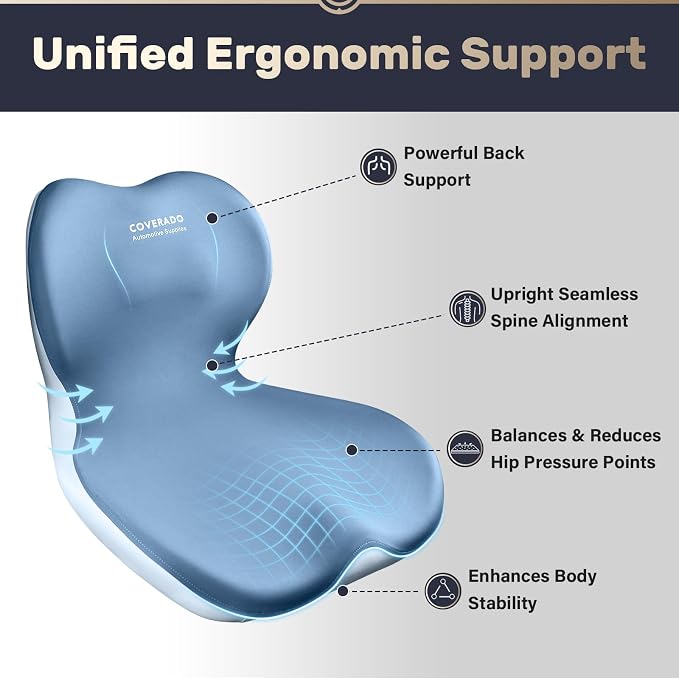 Coverado Car Seat Cushion and Lumbar Support Pillow One Piece, Memory Foam Ergonomic Back Support Driving Seat Cushion for Back Pain, Non-Slip Washable Cushion for Car, Driver, Office