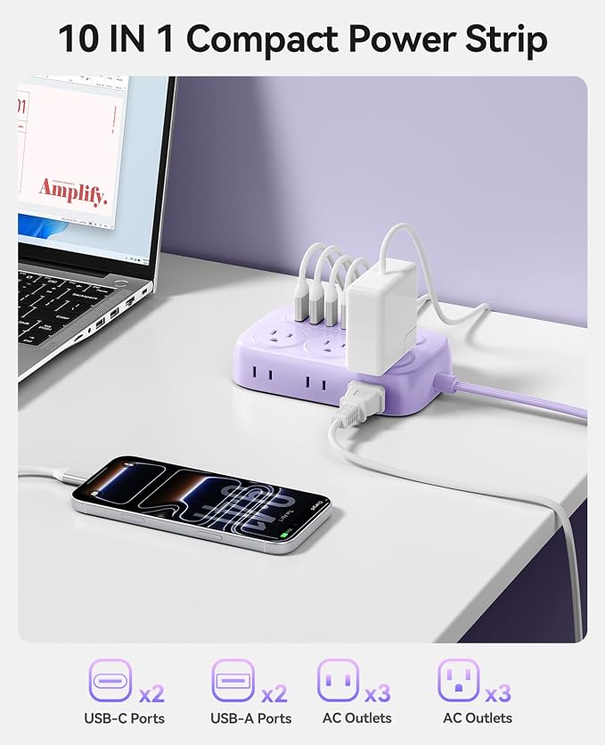 ORICO Surge Protector Power Strip, PD20W Multiple Outlets Extension Cord with 6 AC Outlets and 4 USB Charging Ports (2 USB-C), 45° Flat Plug, 5 Ft Mountable Outlet Extender for Home/Office/Dorm - OG
