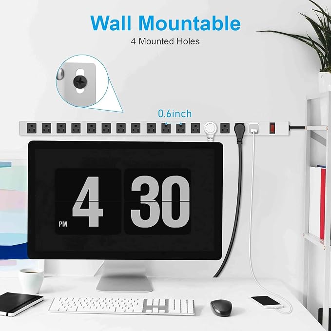 JUNNUJ Metal 16 Outlet Power Strip, Mountable Heavy Duty Power Strip, 1200J Surge Protector Wall Mount Screws Outlet with Switch, Gaming Desk Strips Wide Spaced 15A 125V 1875W, 3 FT 14AWG Power Cord