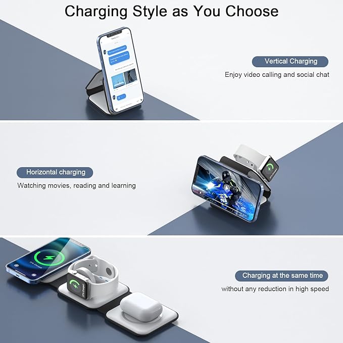 Wireless Charger 3 in 1,RTOPS Magnetic Travel Wireless Charging Station Multiple Devices,GaN 3 in 1 Charging Station,Compatible iPhone 17/16/15/14/13/Pro/Max,iWatch,AirPods4/3/2/Pro(Adapter Includes)