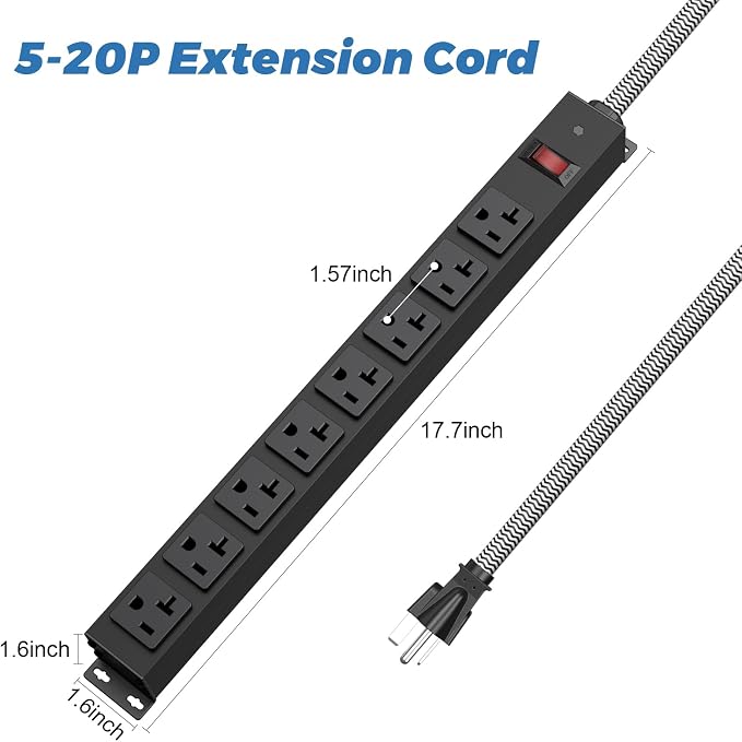 20 Amp Power Strip Heavy Duty, 12 Gauge Extension Cord for Appliance Workbench Garage Industrial, Metal 8 Outlets Combine with T-Plug Adapter 5-20R T-Slot, 1200J Surge Protector