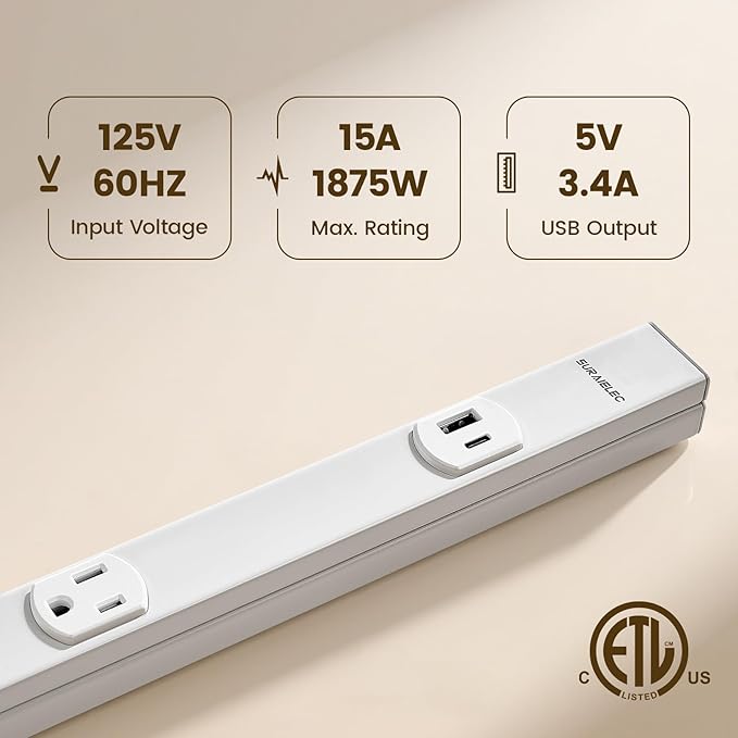 SURAIELEC Under Cabinet Power Strip Hardwire, 39.4-in, 6 Tamper Resistant Outlets with USB-A & USB-C, Seamless Under Cabinet Outlet, Customizable Length, Power Strip for Kitchen, ETL Listed, White