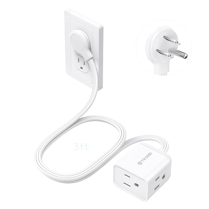 TROND Short Flat Extension Cord 3ft - Right Angled Flat Plug Power Strip, ETL Listed, 3 Plug Extension Outlets, Three Prong, 16 Gauge Wire, 13A, Small for Indoor Home Office Cruise Ship Travel, White