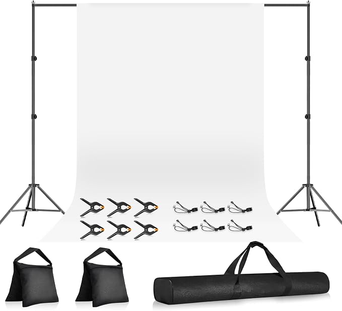 10×7FT White Backdrop with Stand Kit, 6×9FT White Screen Background with Photography Stand, 6 Clamps and Carrying Bag for Photo Shoot, Video Recording, Streaming, Decoration