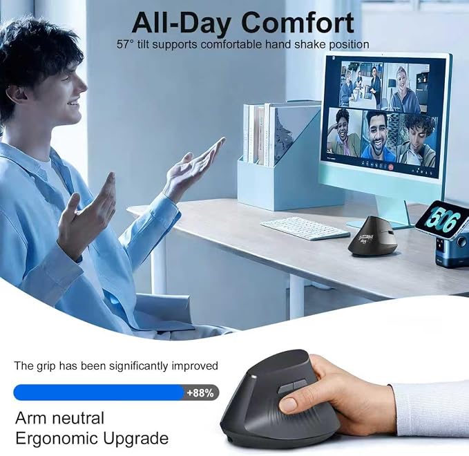 Ergonomic Bluetooth Mouse, Wireless Rechargeable Vertical Mouse for Carpal Tunnel with USBC & BT 5.0/3.0 & 2.4G Connect, Silent, Easy to use, 6 Buttons for Laptop PC MacBook Desktop Computer