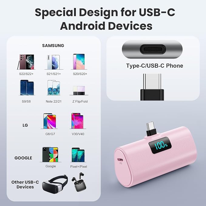 [2-Pack]Portable Charger for iPhone 17/16/15 Series,5200mAh PD USB C Power Bank Built-in USB-C Connector, Battery Pack Compatible with iPhone 17/17 Pro Max/16 Pro/15 Series,Galaxy,Android(Pink+Green)