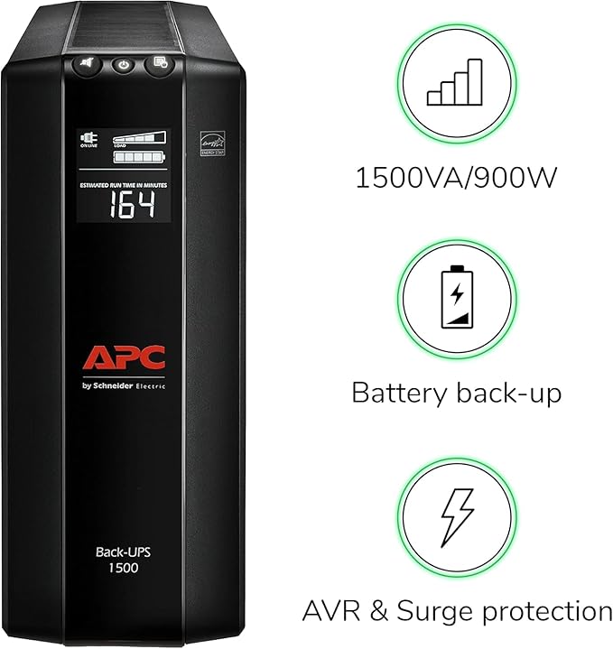 APC UPS Back-UPS Pro 1500VA UPS, 900W Battery Backup & Surge Protector, AVR, 10 Outlets (NEMA 5-15R), LCD, BX1500M Uninterruptible Power Supply for Computers, Wi-Fi Routers, Home Office Electronics