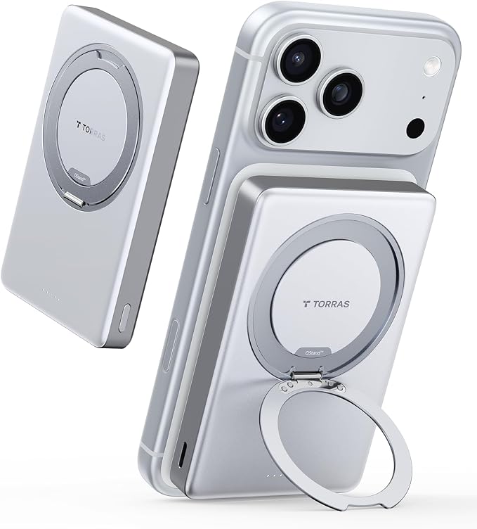 TORRAS Ostand Minimag 10000mAh Magnetic Portable Charger, 360° Rotatable Stand, 15W Wireless & 22.5W Fast Charging Battery Pack for iPhone 17/16/15/14 Pro Max Plus - White